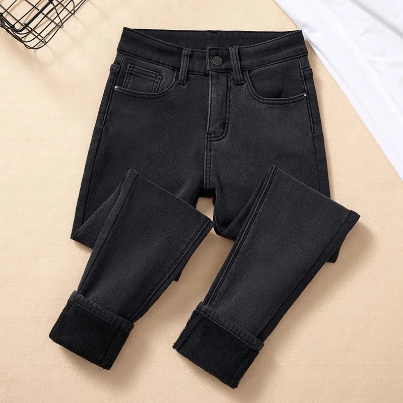 plus Size Women's Fleece Lined High Waist Skinny Jeans Winter Warm Slimming Pencil Jeans Cotton Stretch Denim Bootcut Trousers