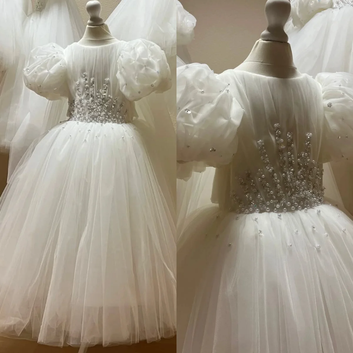 

White Pearls Flower Girl Dresses for Kids Princess Customized Beading Ball Gown Wedding Even Party Birthday Gowns