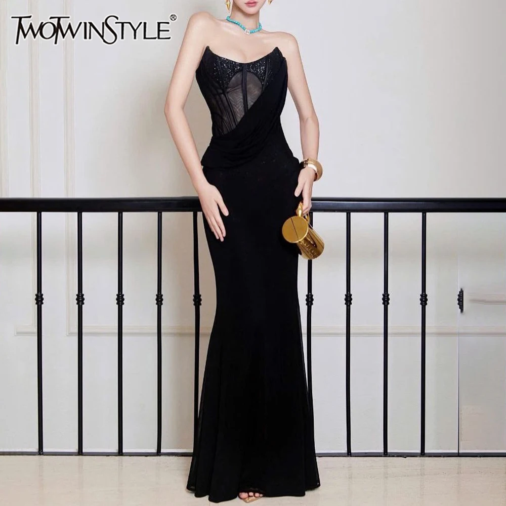 TWOTWINSTYLE Slimming Spliced Folds Sexy Dresses for Women Strapless Sleeveless Sheer Spliced Sequins Long Dress Female Clothing