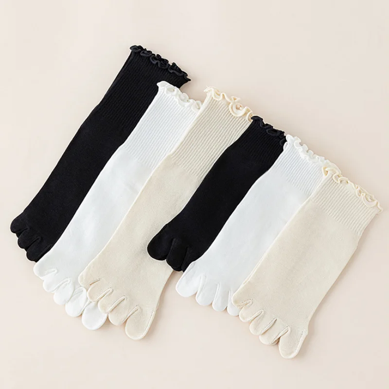1/3 Pairs Women's 5-Toe Crew Socks Scalloped Lace Cotton Breathable Toe Separator Mid-Calf All Season Ankle Socks EU 35-40
