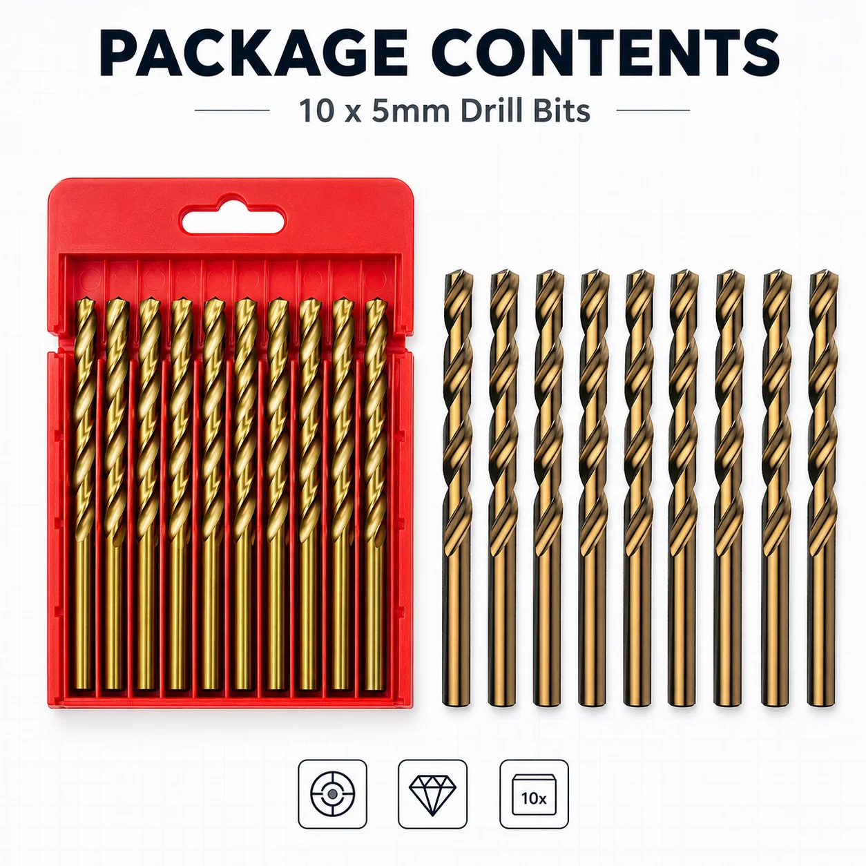 10Pcs 5mm Titanium Coated Twist Drill Bits, Straight Round Shank Split Point Drill Bit for Metal Wood Plastic, DIY Workshop Dril