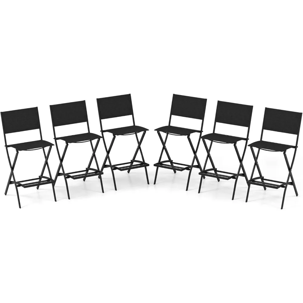 

Outdoor Patio Bar Chair Set of 6, Folding Bar Height Stool with Metal Frame & Footrest, Patio Bar Stool for Balcony