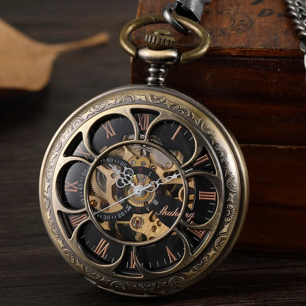 ساعة جيب ميكانيكية بهيكل عظمي Steampunk، هيكل فضي منقوش، أرقام رومانية فاخرة بسلسلة فوب للرجال