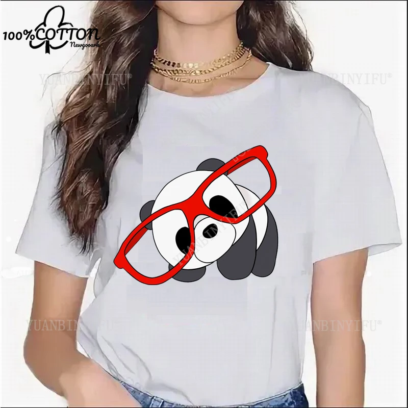 Hot Sale Harajuku Lovely Ladies' Short-sleeved Cotton T-shirt with Panda Pattern Print, Fun Ladies' Leisure Streetwear