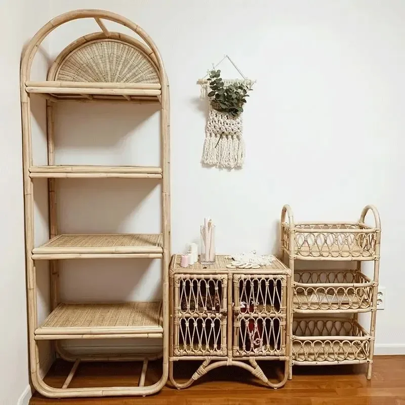 Rattan bookshelf floor rack storage multi-layer simple rattan household balcony storage rack