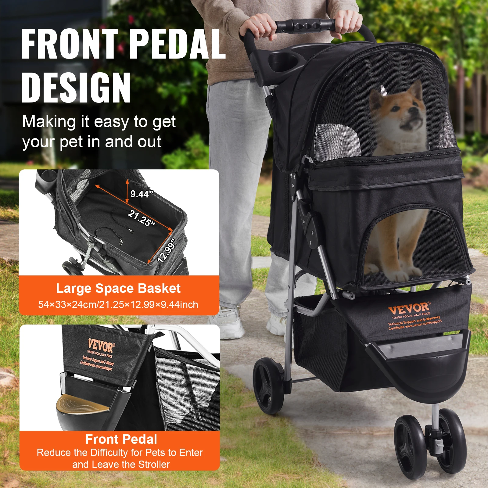 VEVOR 35lbs 3 Wheels Dog Stroller Rotate Black Pet Puppy Stroller with Front Pedal Storage Basket Cup Holder for Dogs Cat Travel