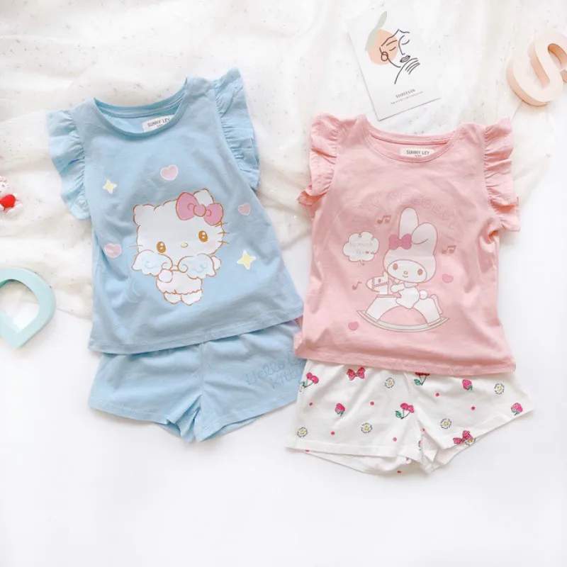 

2Pcs Kawaii Sanrio Hello Kitty Kids Suit Summer My Melody Short Sleeve Pajamas Set Cute Cinnamoroll Clothing Children Nightgown