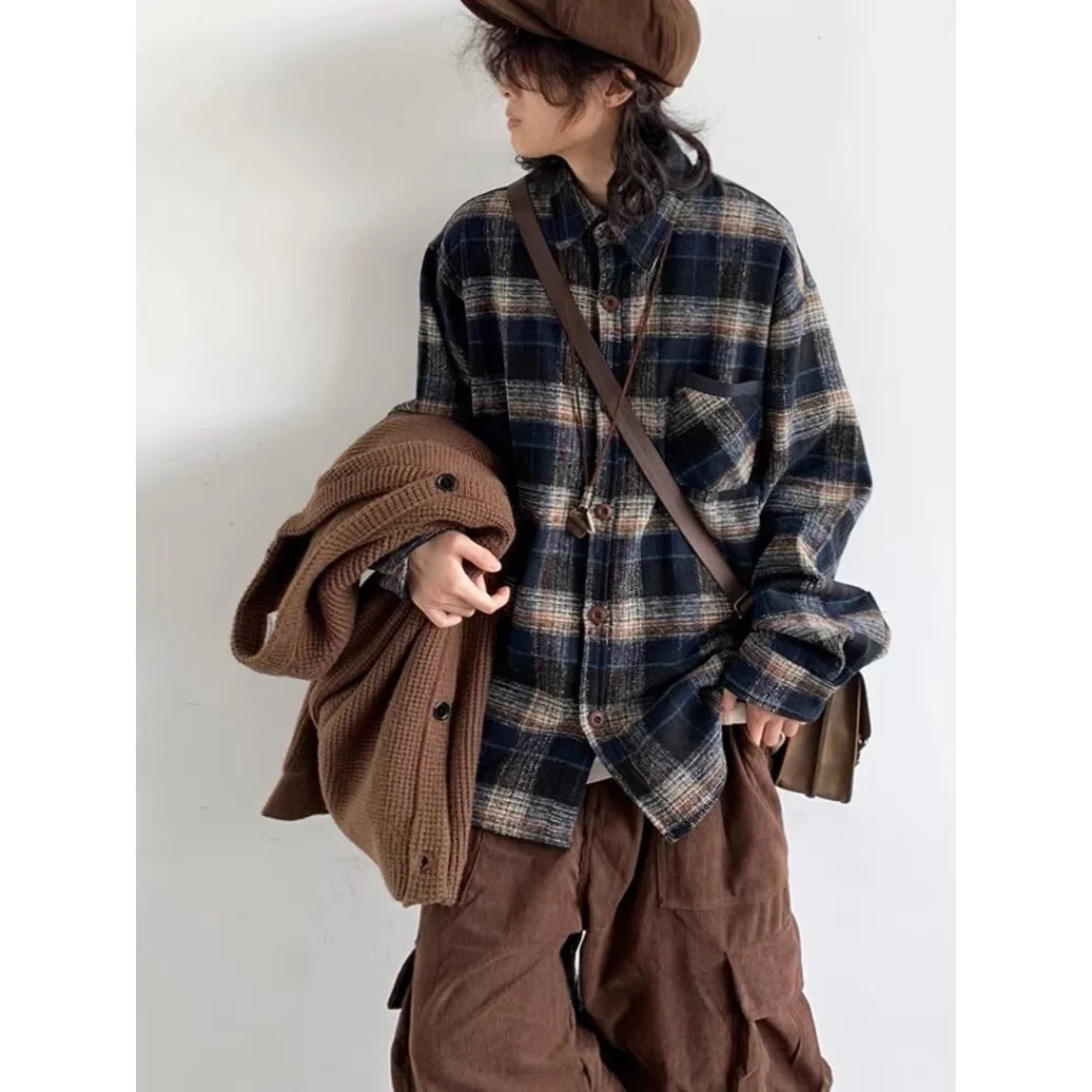 

Retro Plaid Men's Long Sleeve Shirt Spring Autumn Loose Casual Outerwear Trendy Brand Youthful Polyester Fiber Chinese Man