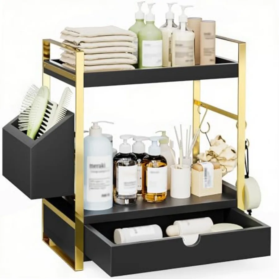 

2-Tier Bathroom Counter Organizer with Drawer and Basket Wood Countertop Organizer for Storage Skincare Organizers for Vanity C