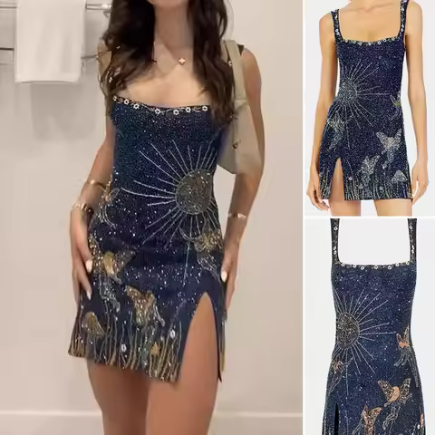 Summer New Women Sequin Dress with Butterfly Print Sun Design Speial Occasions Female Evening Wear Dresses