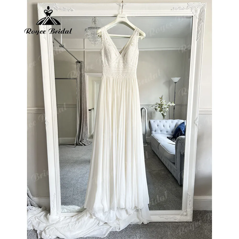 Vintage Lace Bodice Chiffon A Line Open Back Women Wedding Dress with V Neck 2025 Boho Bridal Gown robe de mariee Customized 