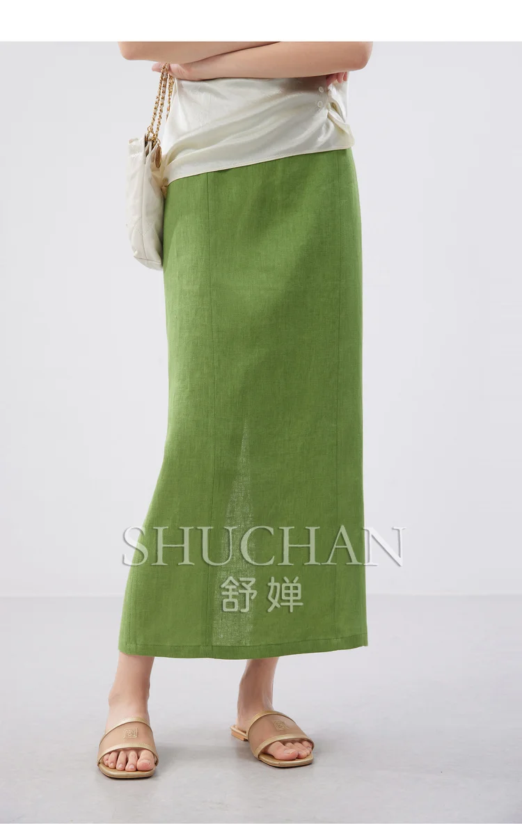 

Linen + Lyocell High Waist Straight Back Elastic Waist Split Long Skirt Women Green Faldas Mujer Moda 2024 Women Skirt