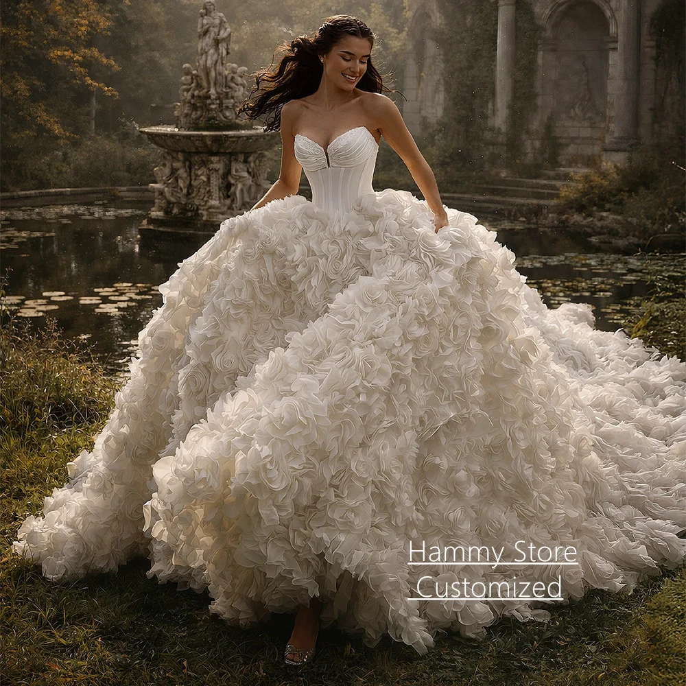 

Gorgeous Ball Gown Wedding Dress Customized V Neck Sleeveless Pleat Handmade Flowers Court Train Woman Bride Bridal Gown