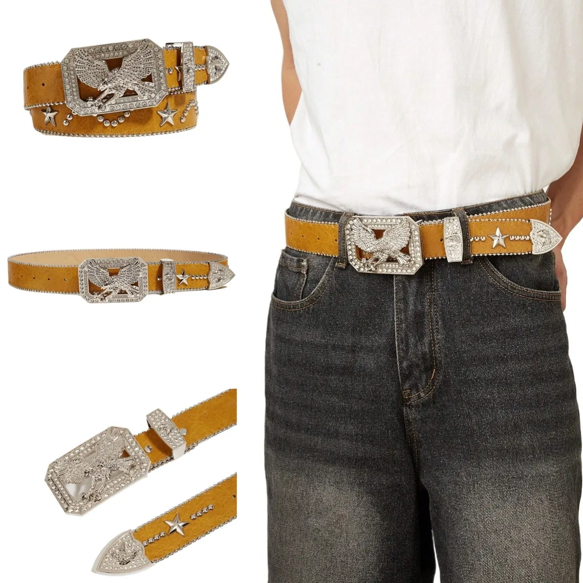 1pc Men's Yellow Y2k Punk Rhinestone Eagle Buckle Rivet Belt Jeans Versatile Decorative Belt