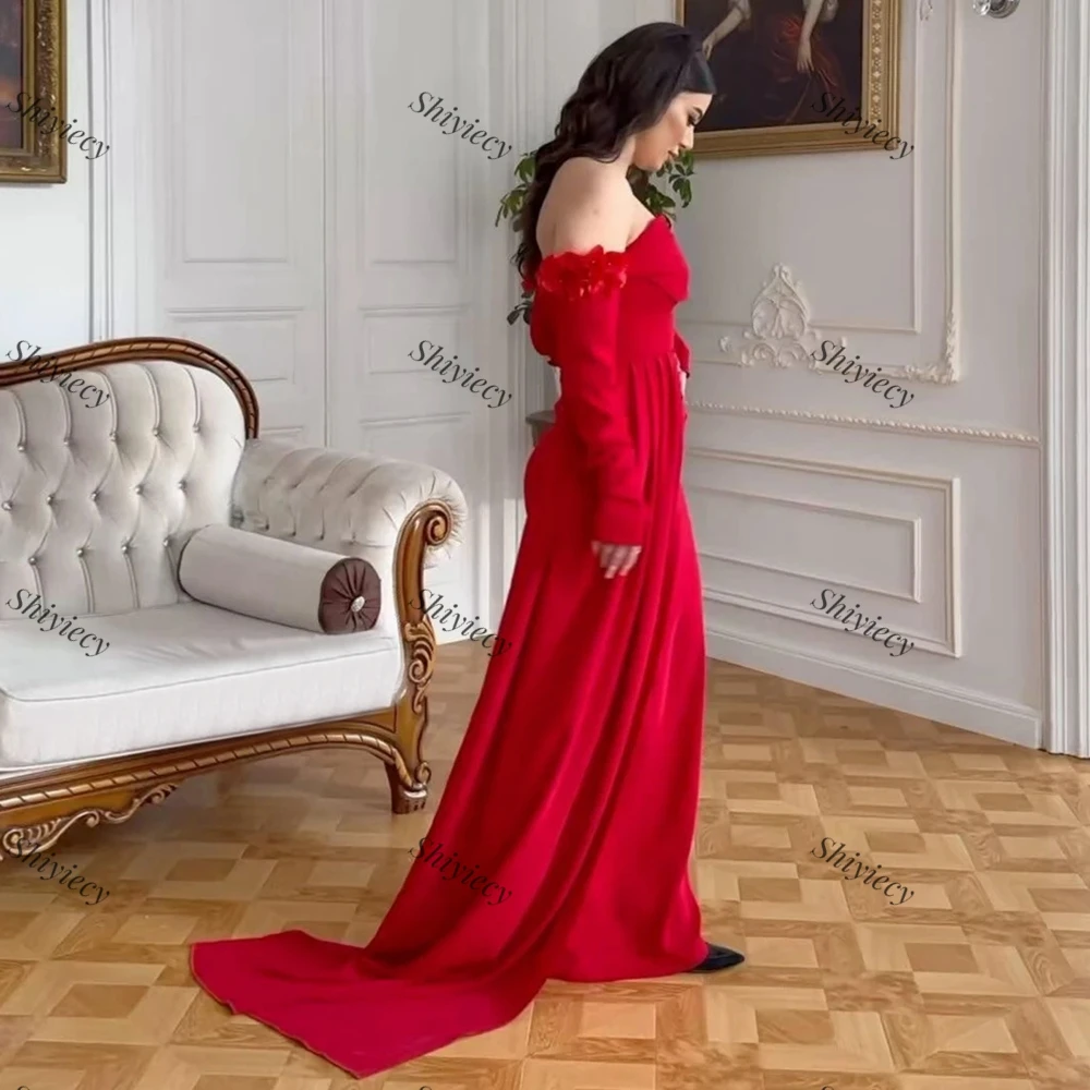 Sexy Strapless Detachable Sleeves Evening Dress Red Jersey 3D Flowers Prom Dress Sweep Train High Qualiry Formal Party Gown 2024