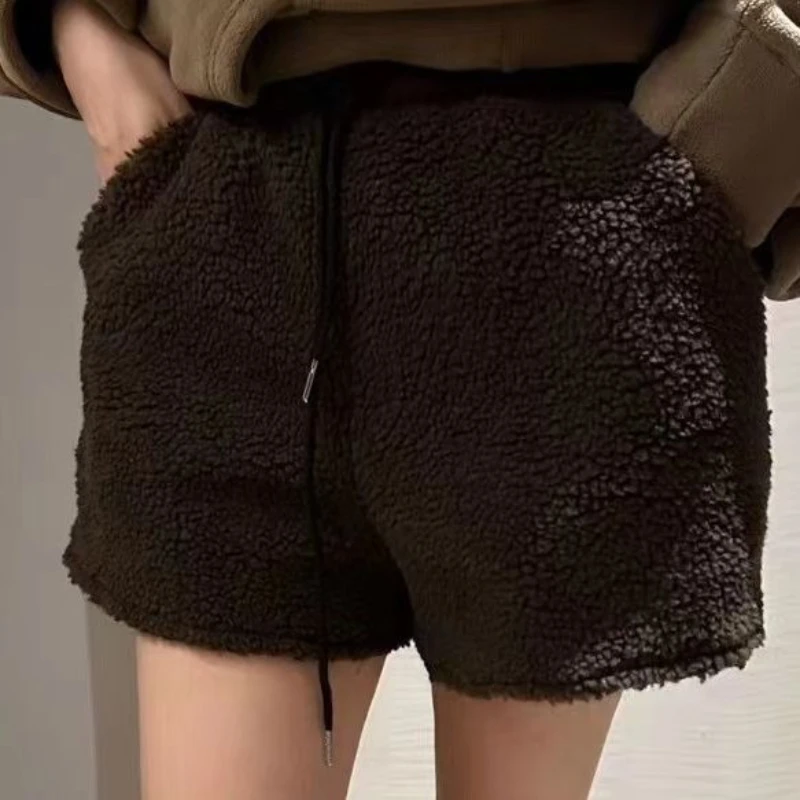 Warm Shorts Women Solid Lambswool Soft Autumn Winter Students Clothing 4 Colors New Fashion Drawstring Streetwear Lovely Chic