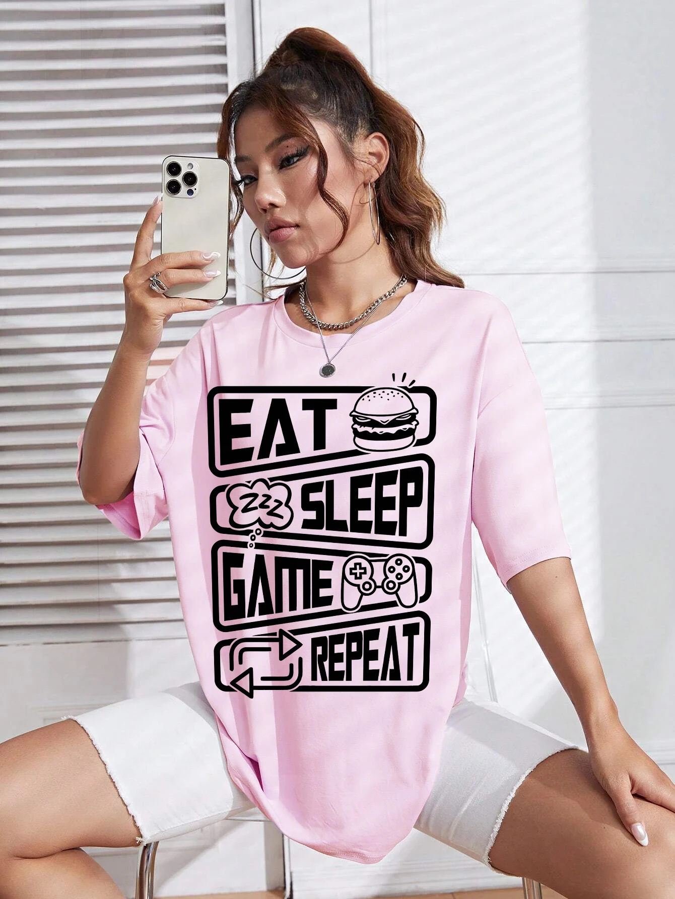 

Eat Sleep Game Repeat Creative Printed Women T Shirt Loose Casual Short Sleeve Cotton Trendy T-Shirt Summer Hip Hop Clothes