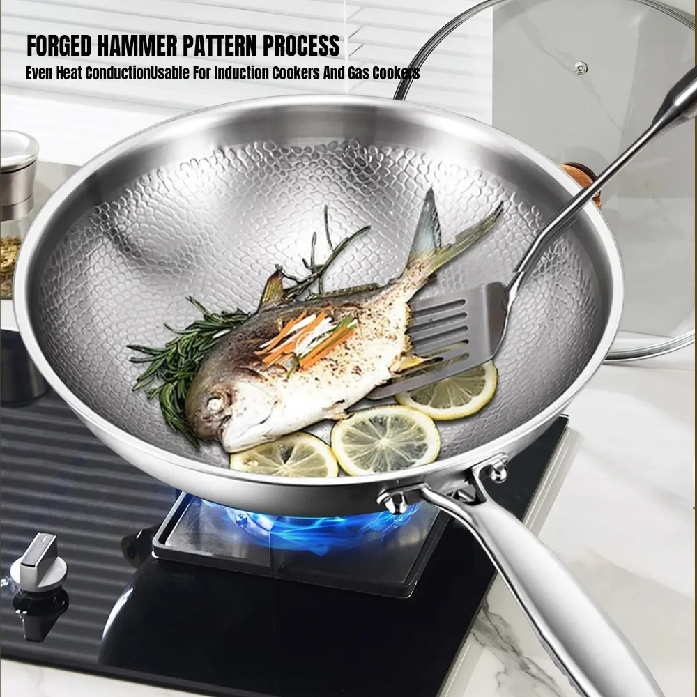 Titanium Steel Frying Pan Non Stick Pan with Lid Titanium Alloy Cooking Pot Uncoated Fish Scale Hammer Pattern Kitchen Cookware