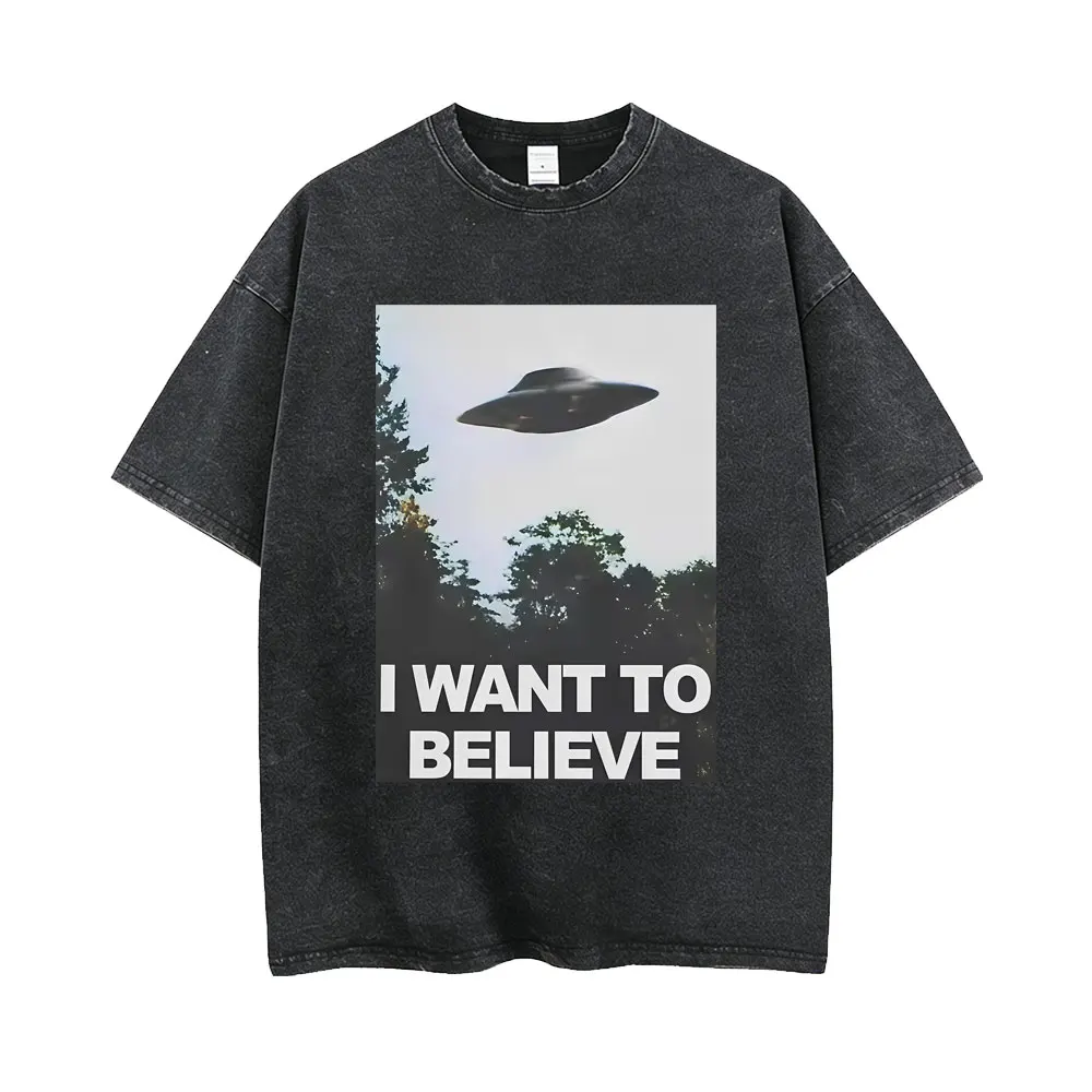 Vintage Washed Movie The X Files I Want To Believe Funny Graphic T Shirt Men Women Casual Cotton T-shirt Male Oversized T-shirts