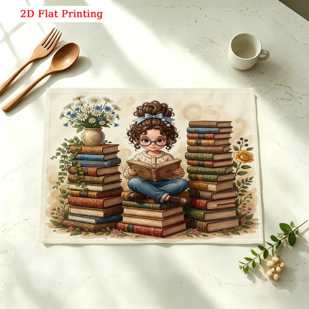 Girl Reading Books Surrounded By Flowers Kitchen Placemat Coaster Linen Pad Dish Coffee Cup Table Mat 30x40cm Home Decor