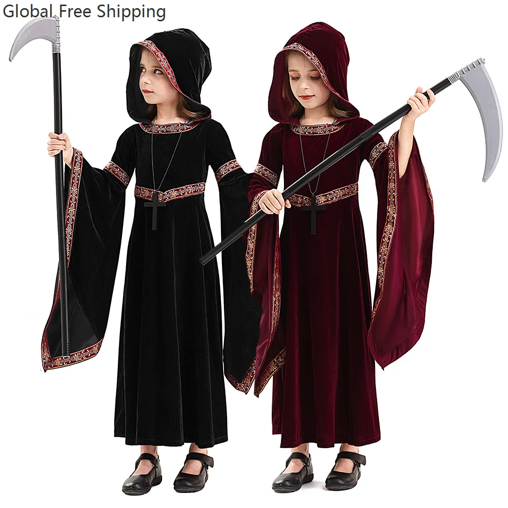 

Medieval Role Play Vampire Witch Costume Halloween Children Girls Medieval Carnival Party Performance Long Velvet Hoodie Dress