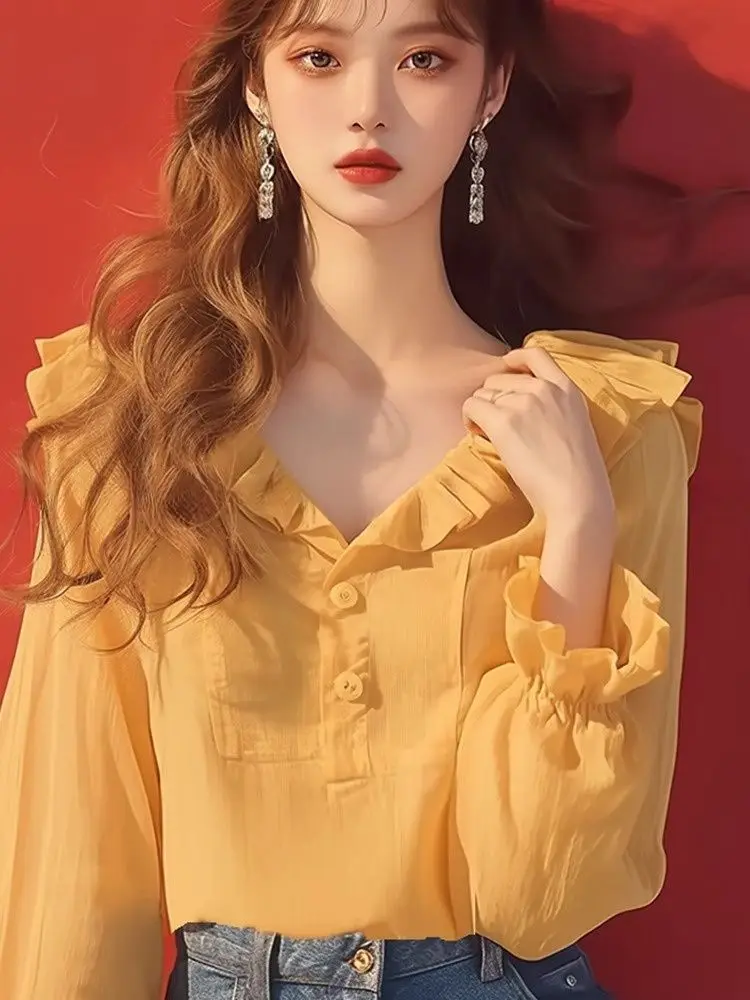 

Новая осенняя элегантная желтая рубашка с рюшами для похудения, свежая и милая