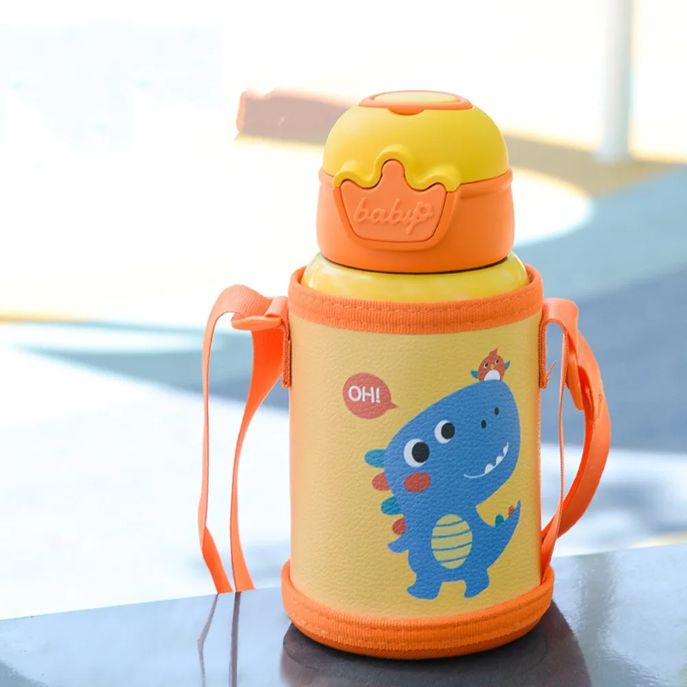 

480ml Children's Water Kettle Stainless Steel with Straw Kids Thermos Bottle with Bag Leak-Proof Vacuum Flask Outdoor Use