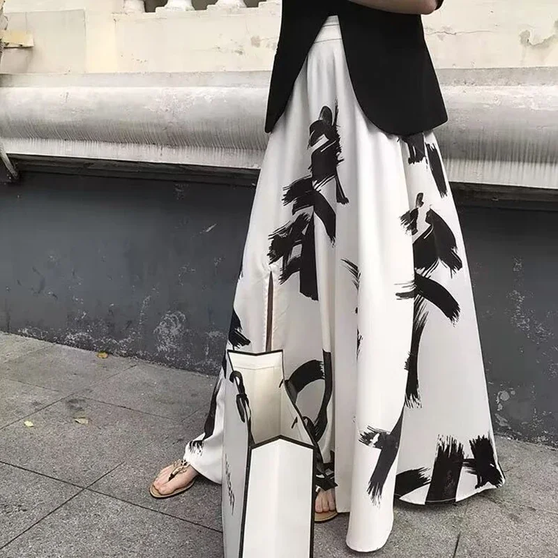 Korean Style Elegant 2024 Summer New Sexy Women Long Maxi Skirt Party Vestidos Printed High Waist Split A-line Skirts