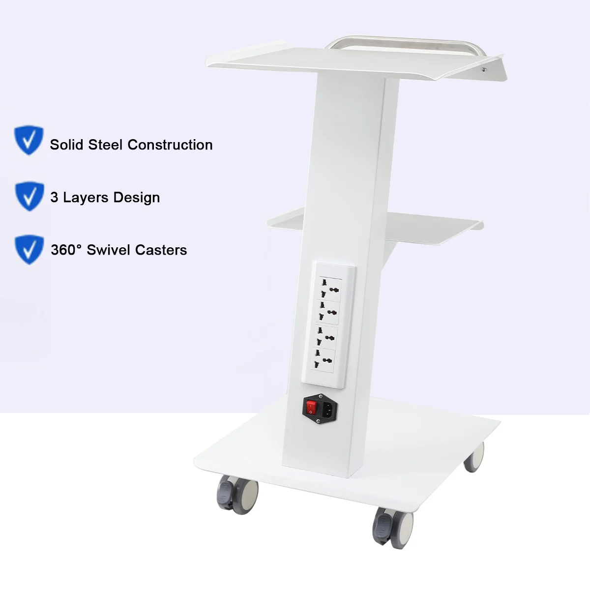 Multi-Functional Salon Trolley Cart Steel 3-Tier 4 Power Outlets for Beauty Medical Lab Dental Hospital Use