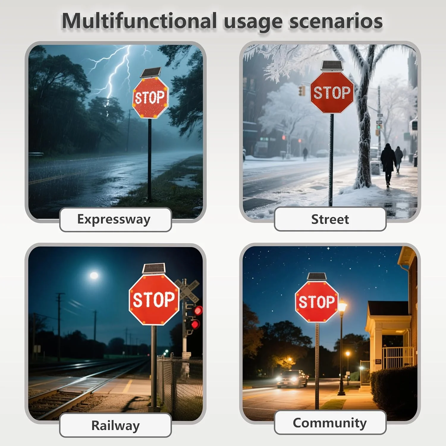 ป้ายหยุดไฟ LED พลังงานแสงอาทิตย์ กระพริบ (สีแดง, 24 นิ้ว) ฟิล์มสะท้อนแสงเกรดวิศวกร 3M พร้อมเซ็นเซอร์ตรวจจับแสงอัตโนมัติ สำหรับถนนและทางรถวิ่ง