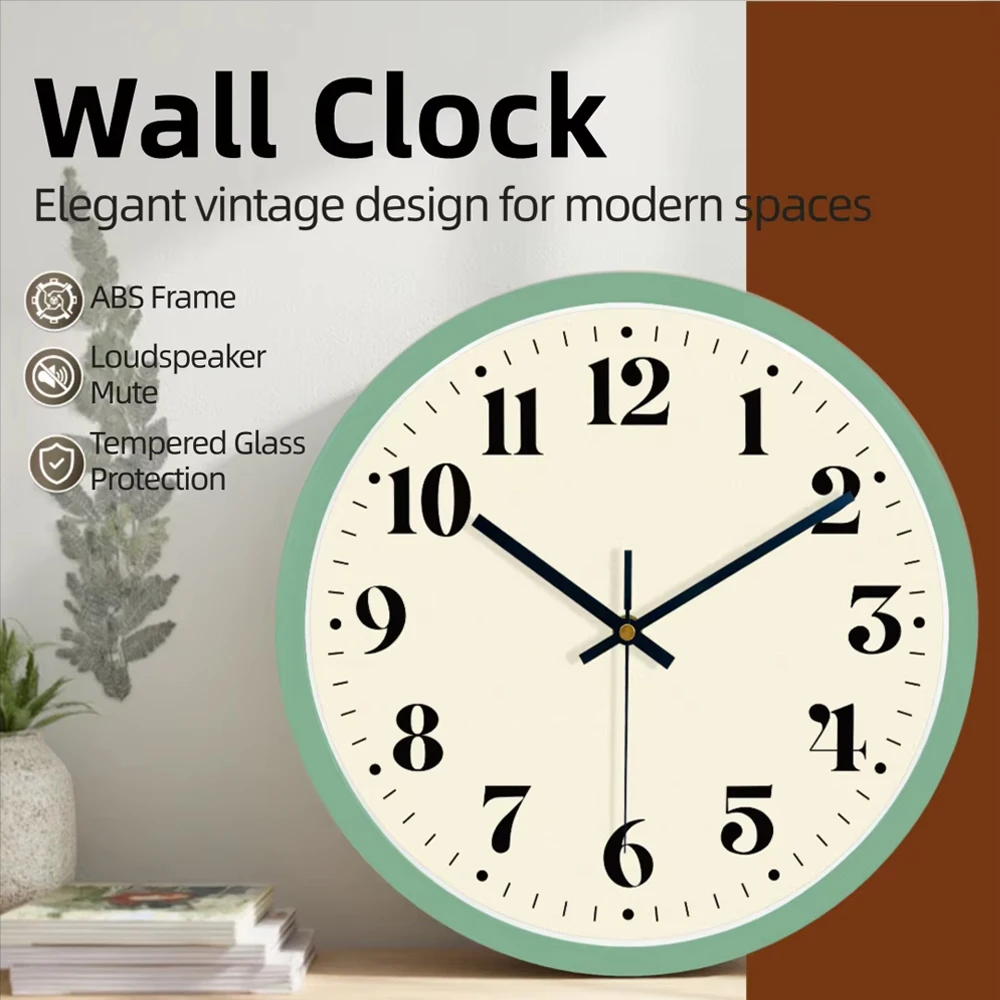Vintage Wall Clock Silent Quartz Analog Clock ABS Frame & Tempered Glass Hanging Decor Clock for Living Room Bedroom Kitchen