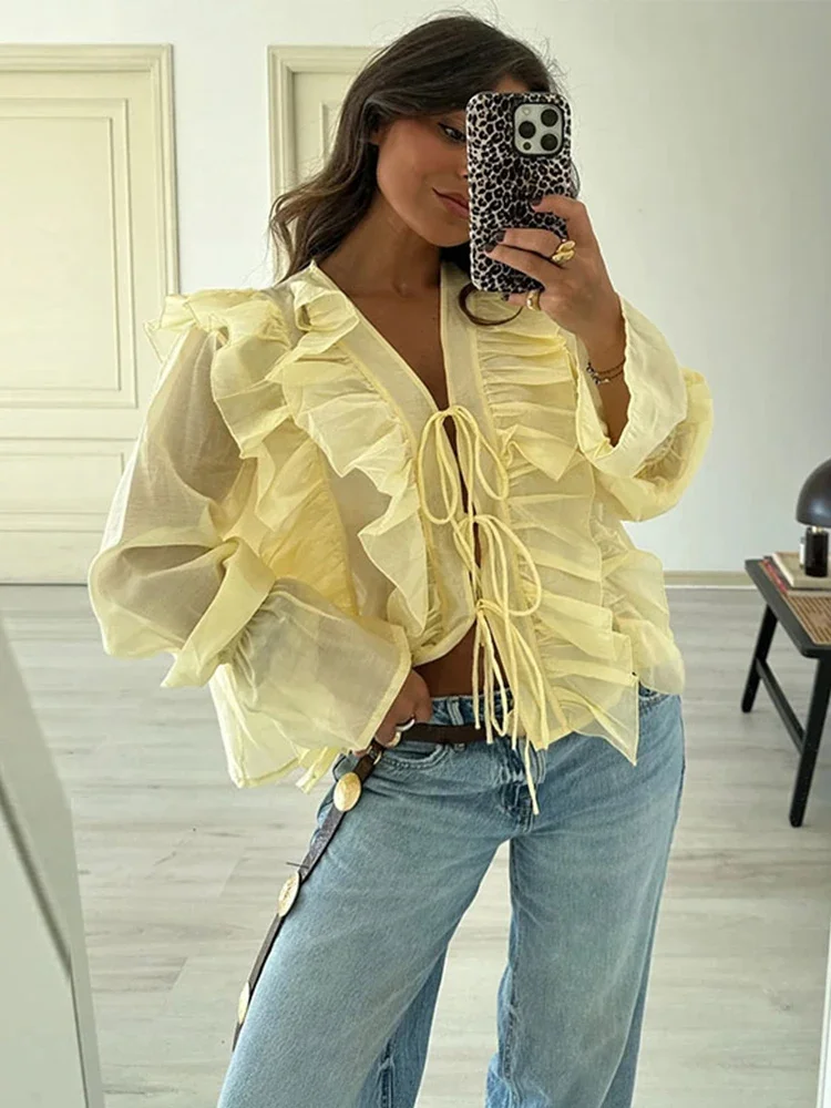 

Плиссированная рубашка с v-образным вырезом и рюшами, топ со шнуровкой на талии, пушистый подол, модная утягивающая женская рубашка с прессованными складками и длинными рукавами, блузка
