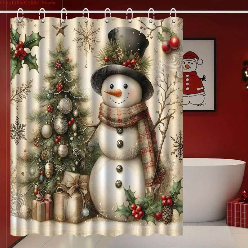 jit1pc vintage christmas snowman shower curtain christmas  -   With Hooks Waterproof Mildew Proof Easy Install Washable