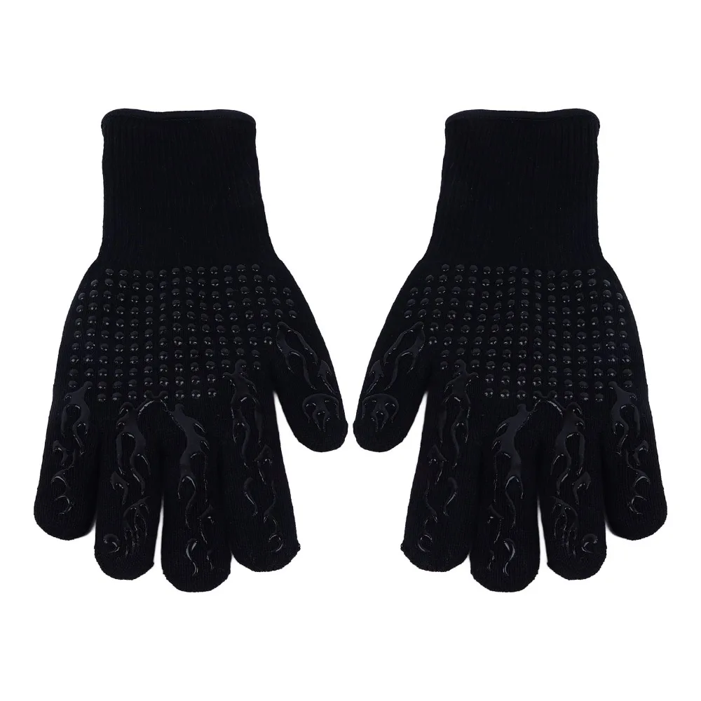 2PCS 800°C /1472°F BBQ Grilling Glove Inner Layer Cotton Outer Flame Retardant Yarn+Silicone Barbecue Glove Long Cuff Non Slip