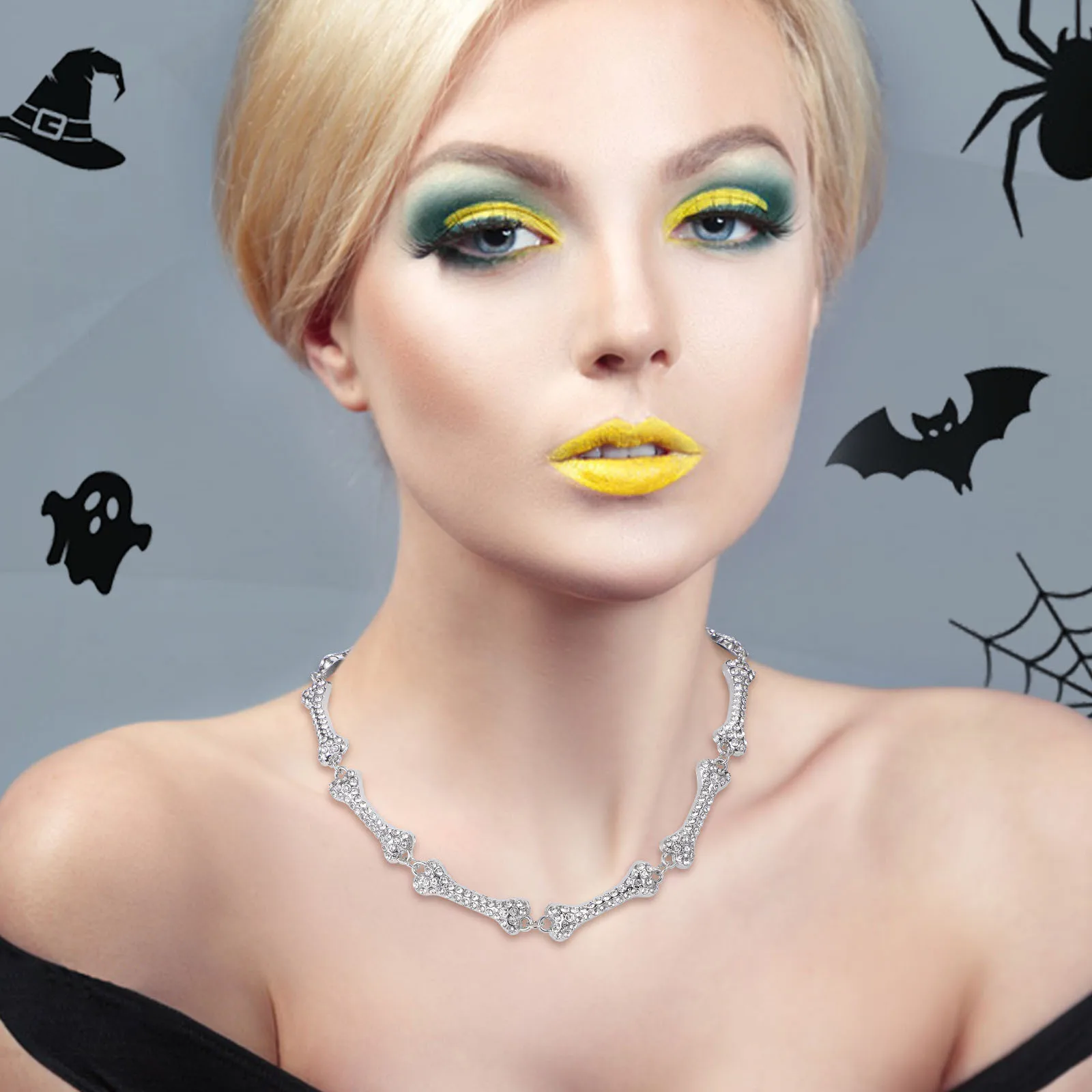 

5pcs 5 Pack Rhinestones Bone Necklace Crystals Clavicle Chains Women Halloween Jewelry