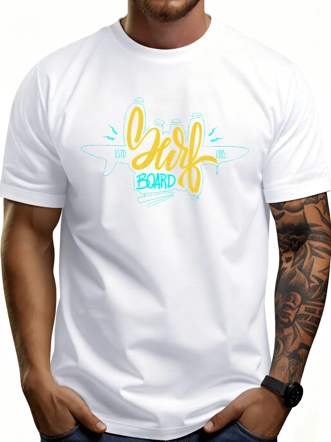 Casual Style Men's T-Shirt with Surfboard Design, Summer Clothing, Suitable as a Gift for Surfers and Beach Enthusiasts