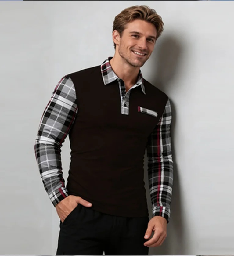 Men's Checkered Long Sleeved Polo Shirt, Casual Spring New Style, Lapel T-Shirt Fashionable Business Sports Long Sleeved T-Shirt