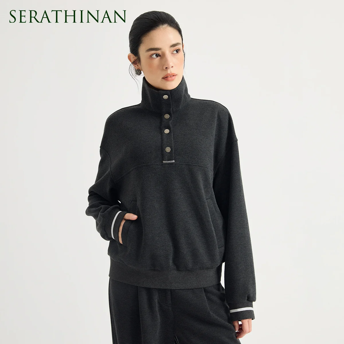 KT7623969 Women's Funnel Collar Snap Button Pullover Sweatshirt Lurex Chain Trim Contrast Ribbed Cuff Oversized Casual Autumn