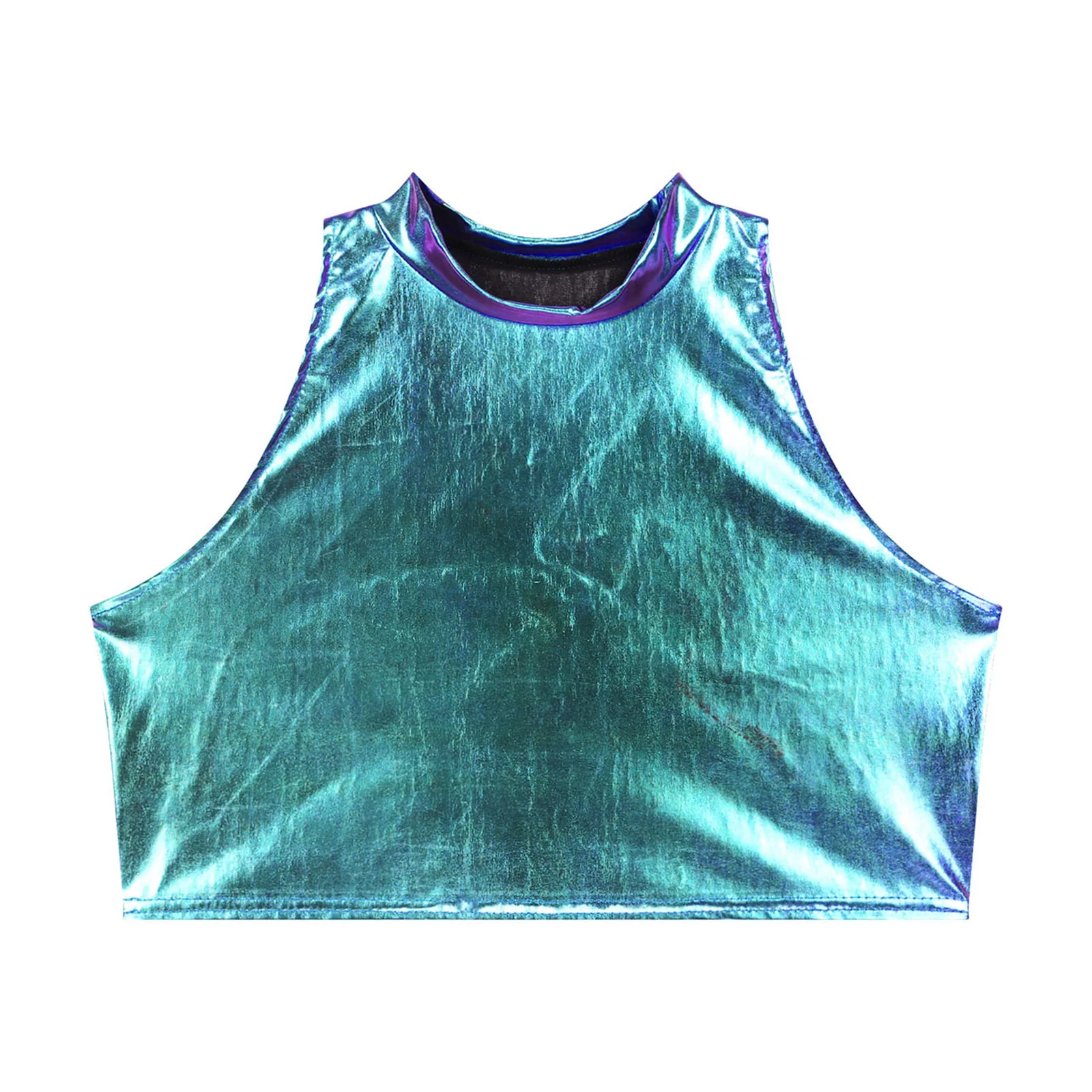 Women Metallic Mock Neck Crop Top Rave Dance Shiny Sleeveless Slim Fit Tank Tops Mini Vest for Party Carnival Nightclub Costumes