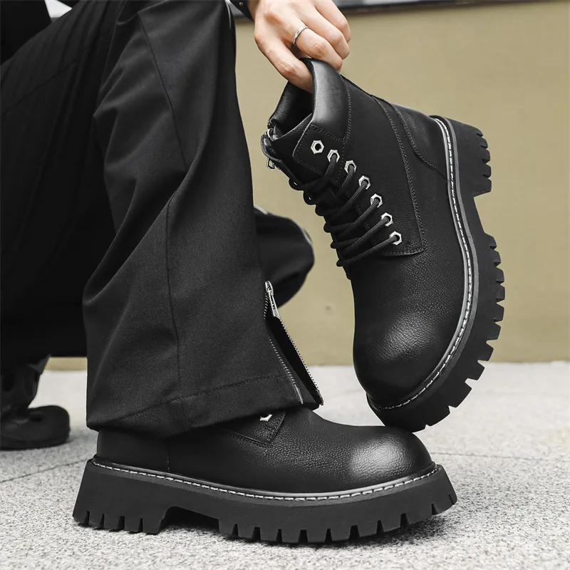 men's casual desert boots black brown natural leather shoes cowboy tooling work boot spring autumn cool platform ankle botas man