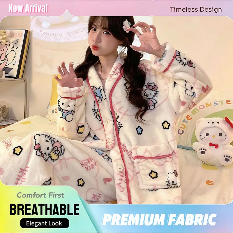 

Комплект женской пижамы Sanrio Hello Kitty из кораллового флиса: осенне-зимний, новый стиль, утолщенный флис, для дома и сна