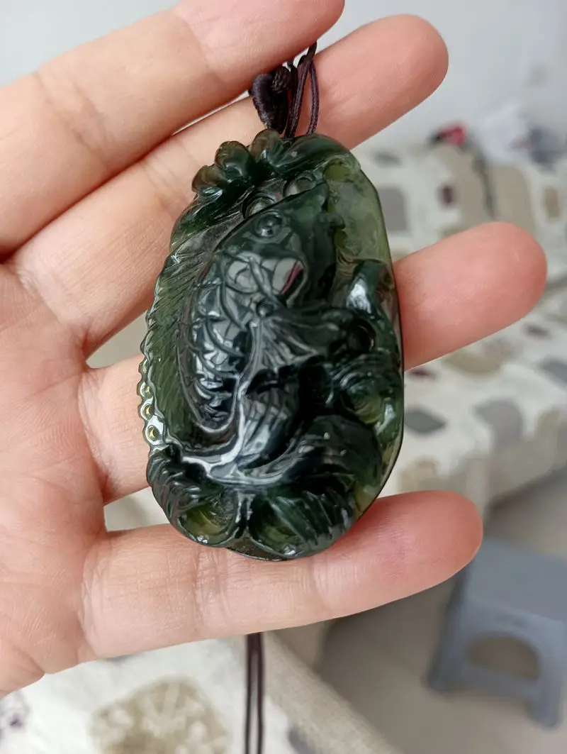 

Nature Dark Green Jade Pendant Handwork Carven Amulet Carp Seawater Design lucky Charm Talisman