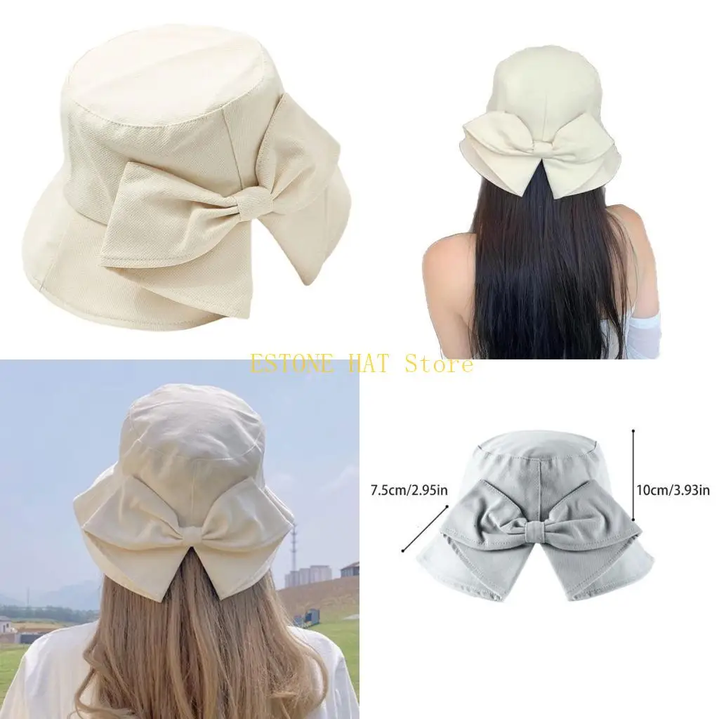 49MF Split Back Bowknot Sun Bucket Hat for Women with Ponytail Friendly Daily Wear