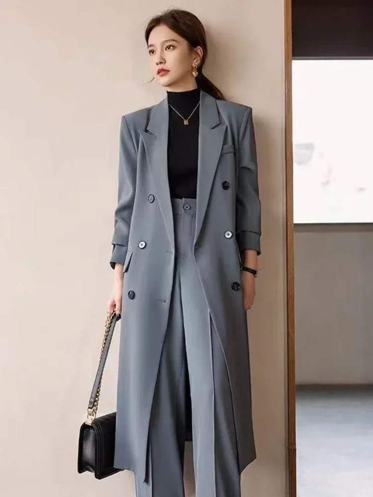 

Trench Coat for Women Suit Collar Double-breasted Solid Color Long Coat Elegance Office Lady Jackets Autumn Winter Clothes Women