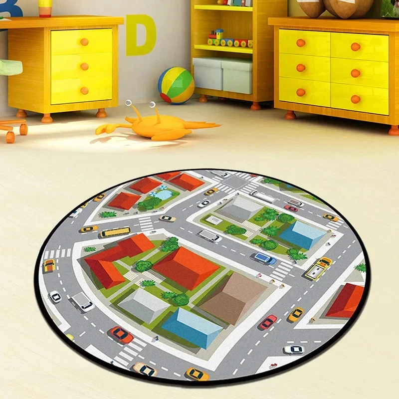 Cartoon Urban Road Traffic Round Carpet Street Car Building Circle Rug Home Kid Bedroom Living Room Floor Mat Chair Pad Doormat