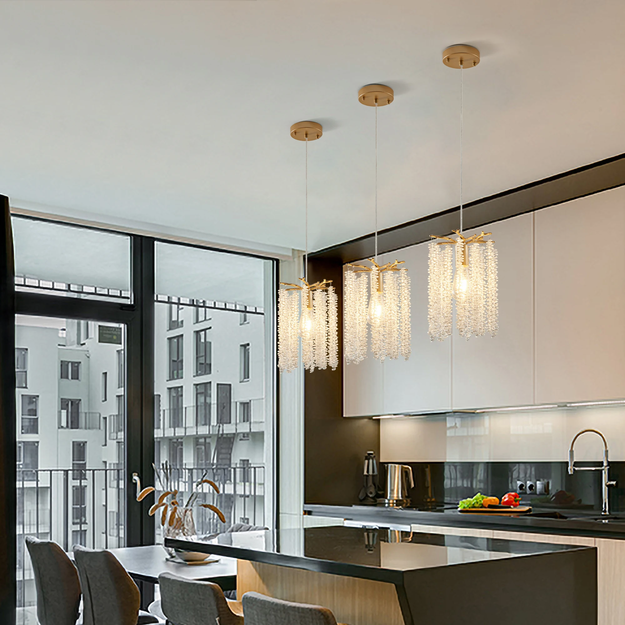 Luxury 3-Pack Crystal Pendant Lights, Elegant Golden Finish Chandelier with Waterfall Bead Design