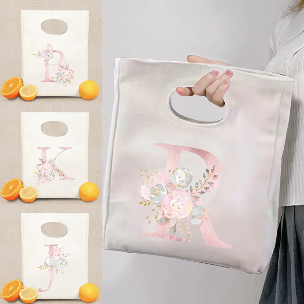 Commute Insulated Lunch Bag Student Workers Lunch Bag Large Capacity Pink Flower Letter Print Hiking Camping Picnic Pouch Women