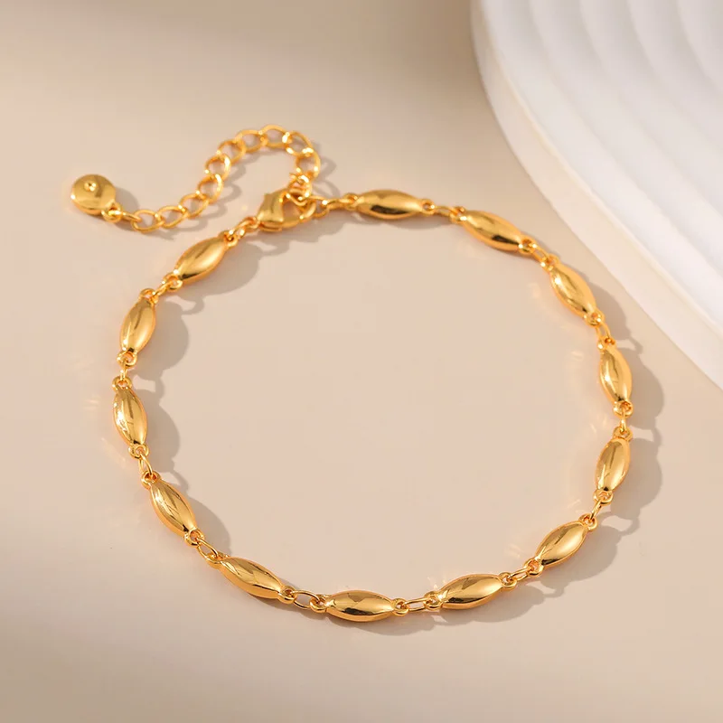 Adjustable Length Minimalist Solid Oval Metal European Bracelet Women 18k Gold Plated Rice Grains Chain Bracelets For OL Lady