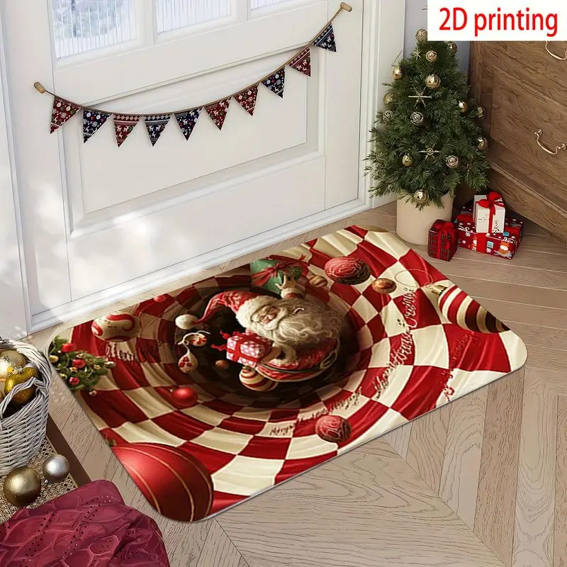 VIKAMA 3D Vortex Christmas Doormat Funny Santa Spiral Illusion Welcome Mat Red Optical Illusion Entryway Rug Xmas Decor