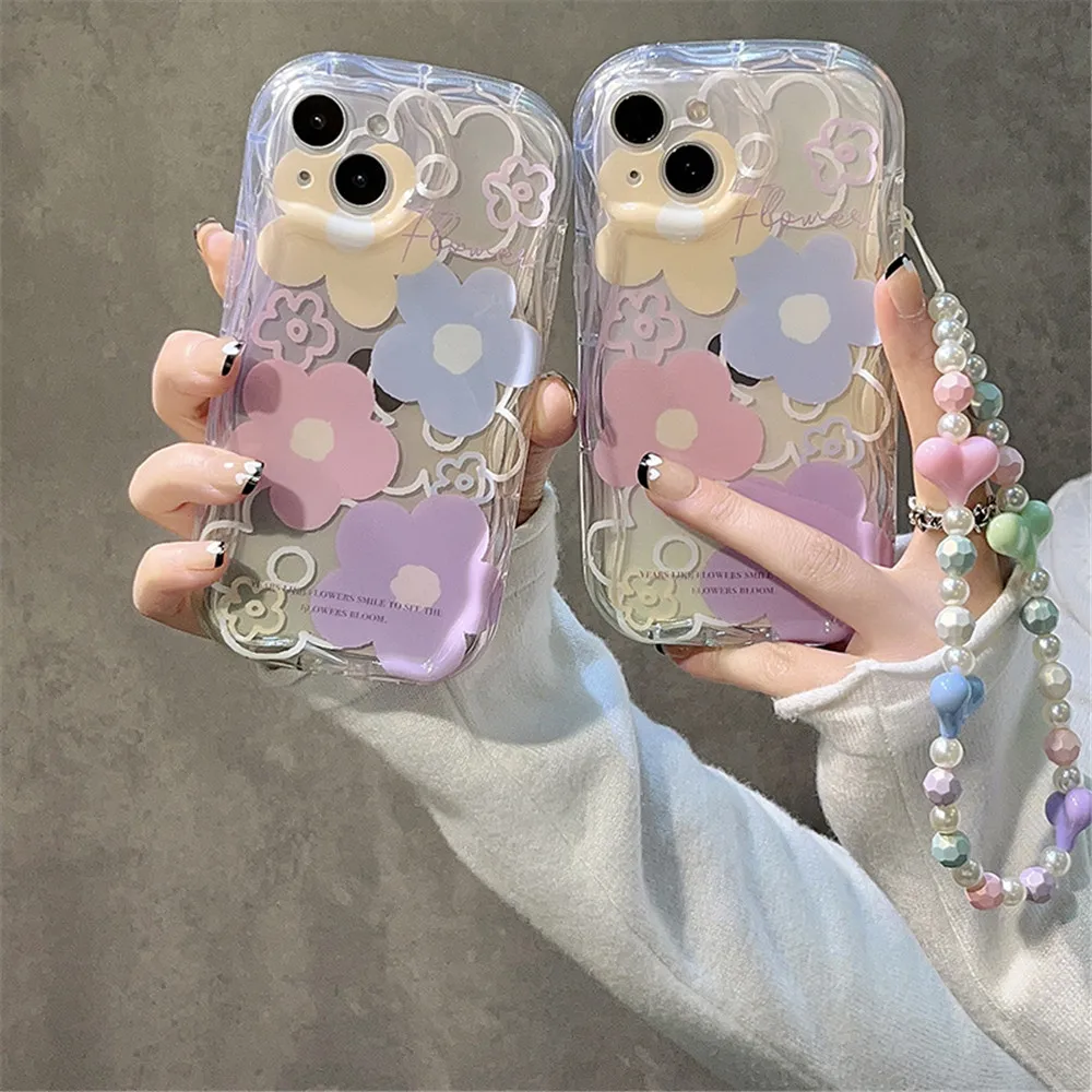 Cute Color Flower 3D Love Heart Hang Chain Soft Case For iPhone 11 14 Pro Max 14Plus 12 13 11 X XS XR 7 8 Plus SE 2 3Korea Cover